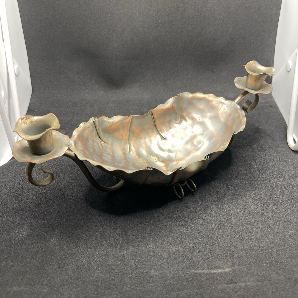 Vtg Atq Gregorian Copper Candlestick Holder Centerpiece Bowl Patina Tarnished